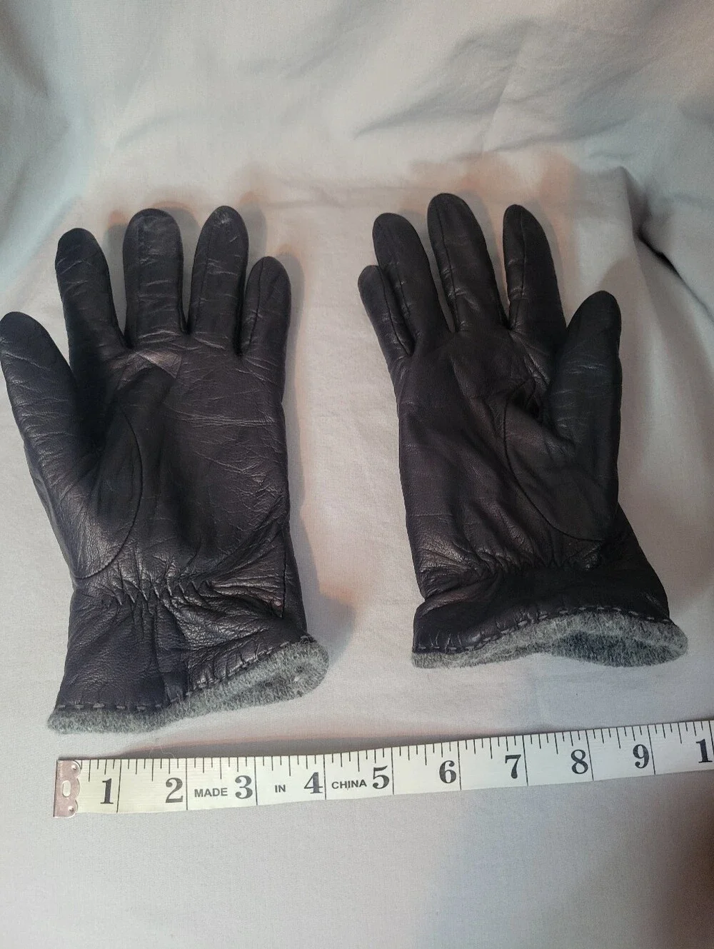 Vintage Black Leather Gloves with Gray Knit Cuffs